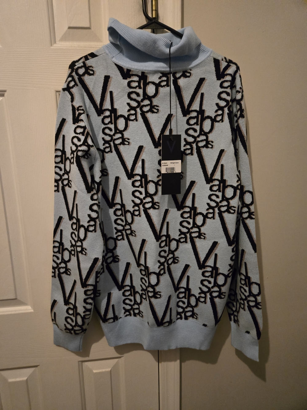 Light Blue Logo-Pattern Turtleneck Cardigan Sweater
